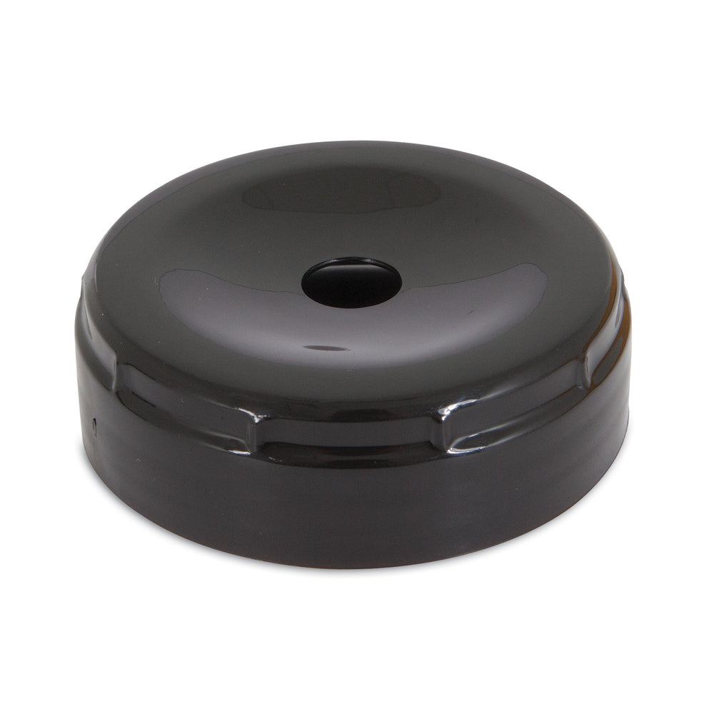 The Extra Small Lebistro Gravity Waterer Replacement Cap by Petmate is a round, black metal lid with a central hole, designed for a glossy fit over your Aspen Pet Gravity Waterer container.
