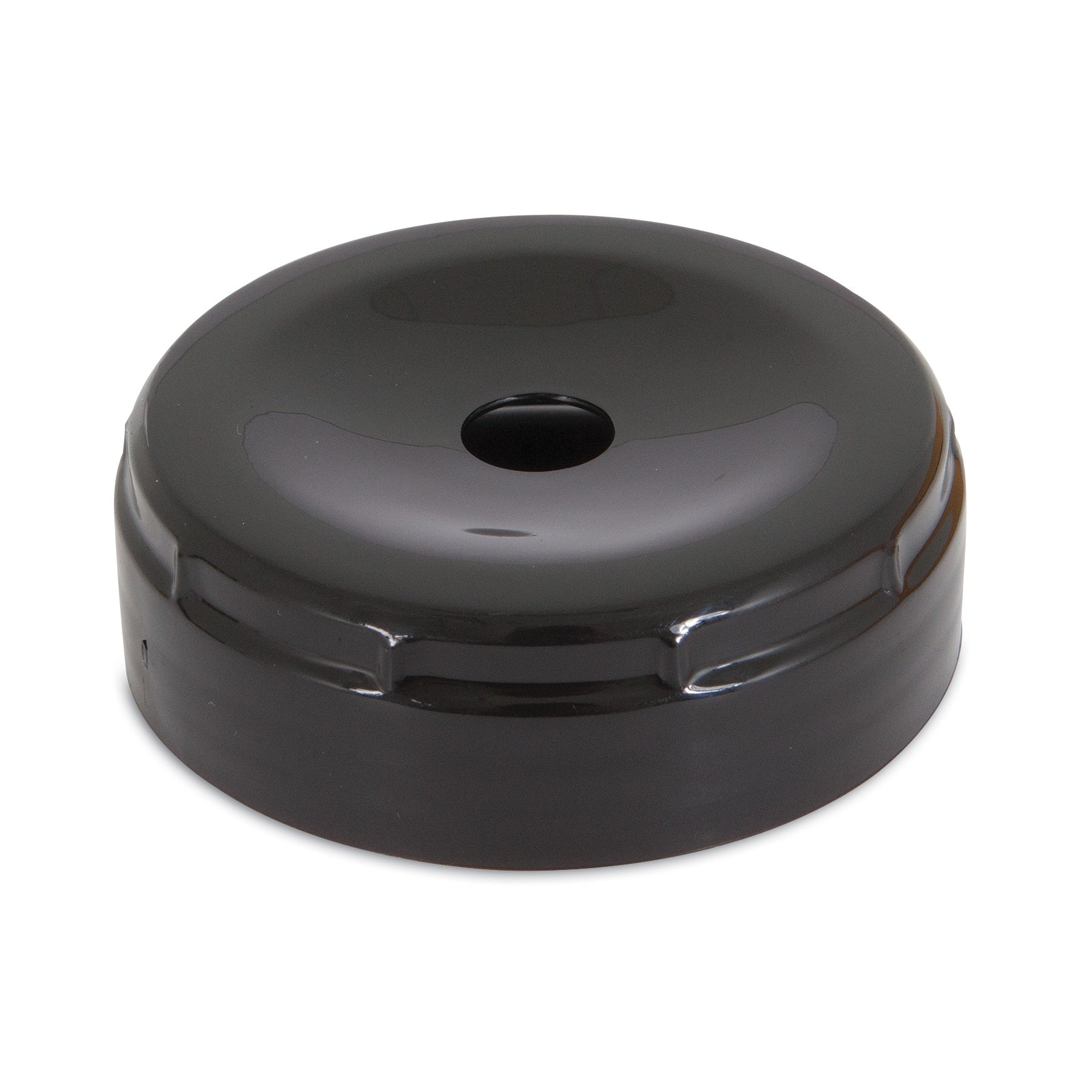 The Extra Small Lebistro Gravity Waterer Replacement Cap by Petmate is a round, black metal lid with a central hole, designed for a glossy fit over your Aspen Pet Gravity Waterer container.