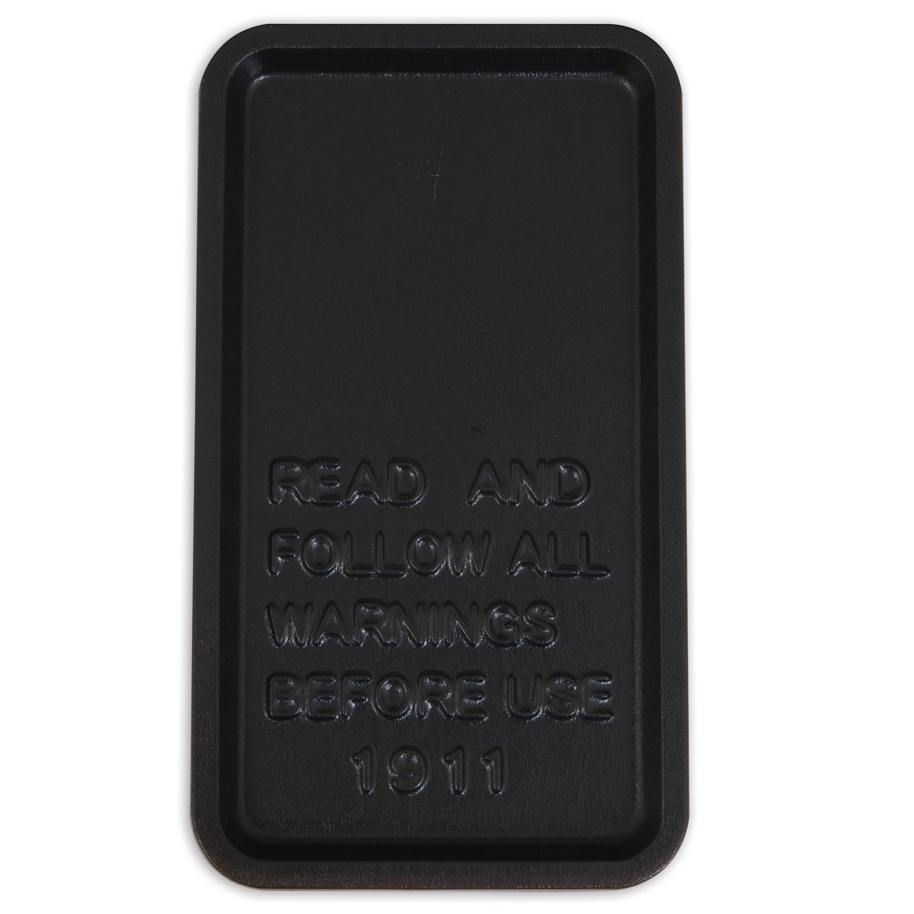 The Petmate Wire Crate/Kennel Replacement Tray is a durable, black ABS plastic rectangle with raised text that reads READ AND FOLLOW ALL WARNINGS BEFORE USE 1911, ensuring safety and reliability.