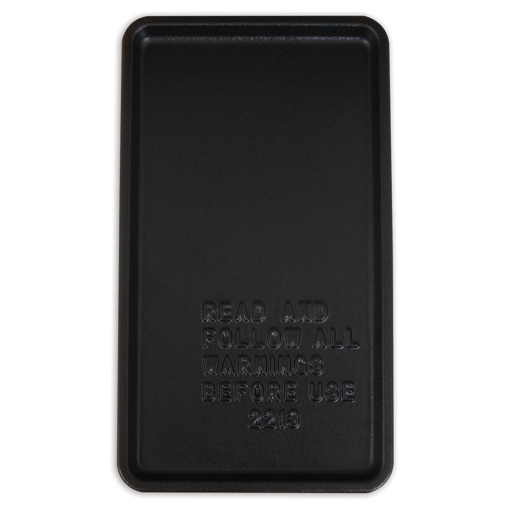 The Petmate ASPCA Wire Kennel Replacement Tray is a rectangular black griddle with raised text, READ AND FOLLOW ALL WARNINGS BEFORE USE 2219, featuring a slightly raised edge for enhanced pet safety.