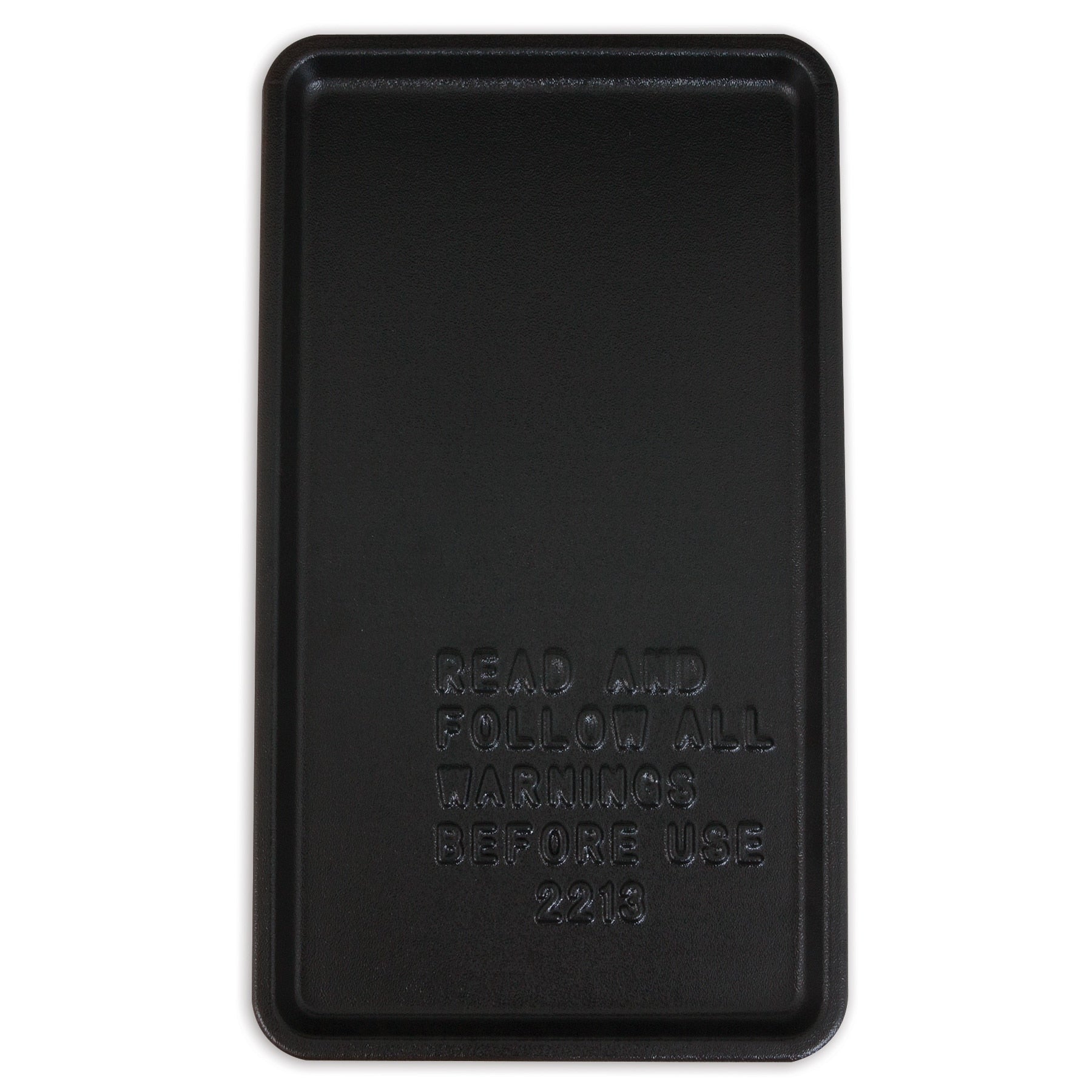 The Petmate ASPCA Wire Kennel Replacement Tray is a rectangular black griddle with raised text, READ AND FOLLOW ALL WARNINGS BEFORE USE 2219, featuring a slightly raised edge for enhanced pet safety.