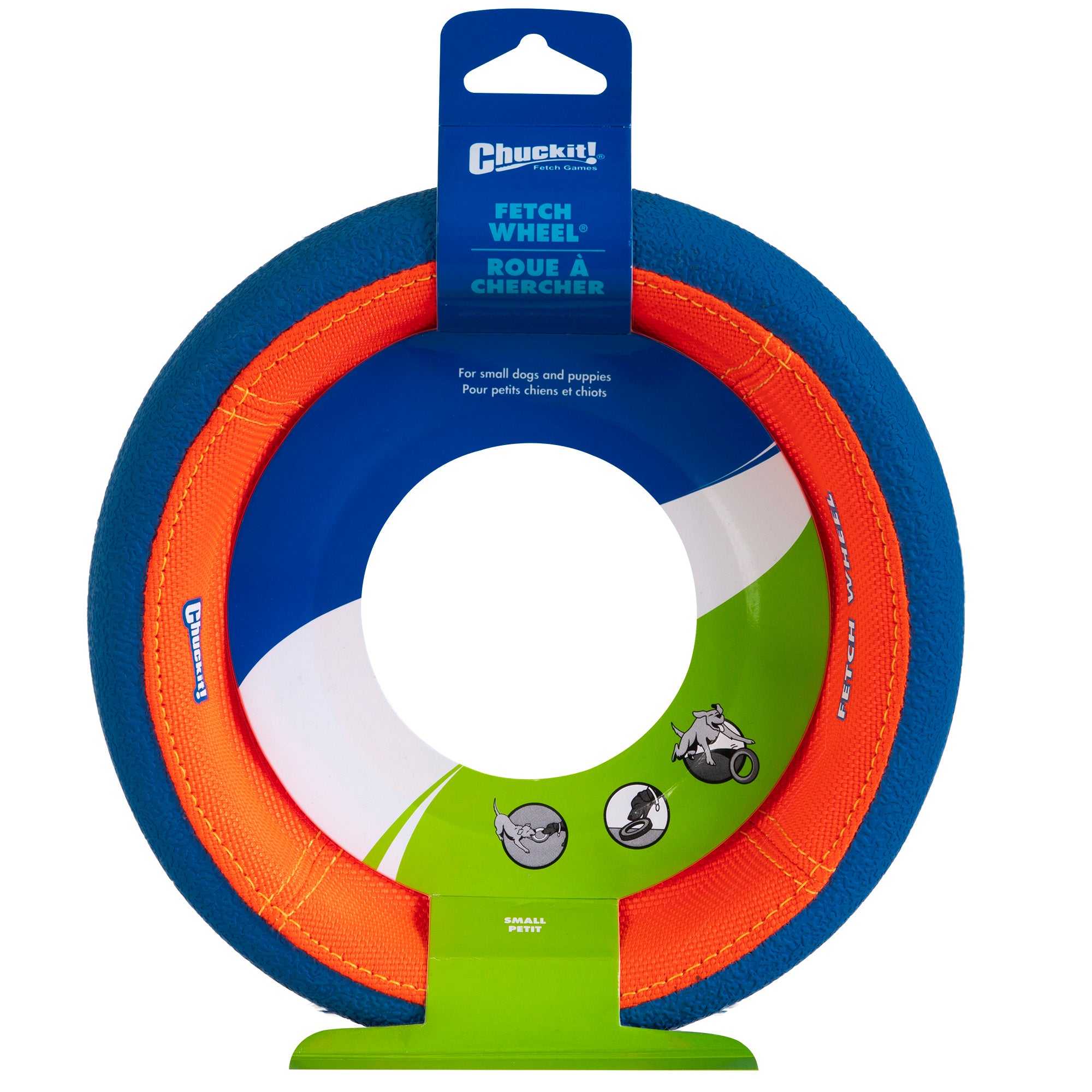 The Chuckit! Fetch Wheel Dog Toy by Chuckit is a uniquely designed dog toy featuring vibrant blue and orange fabric. Its packaging depicts playful dogs with green accents, emphasizing its durability and suitability for small dogs and puppies.