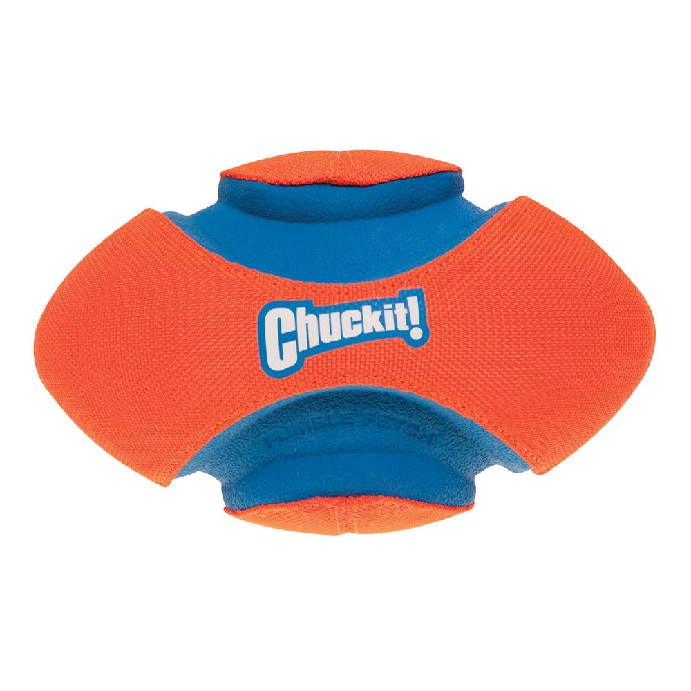 The Chuckit! Fumble Fetch is a blue and orange football-shaped fetch toy with Chuckit in white. It features textured orange patches around the center and is designed for interactive play, boasting a durable, puncture-resistant build perfect for endless fun.