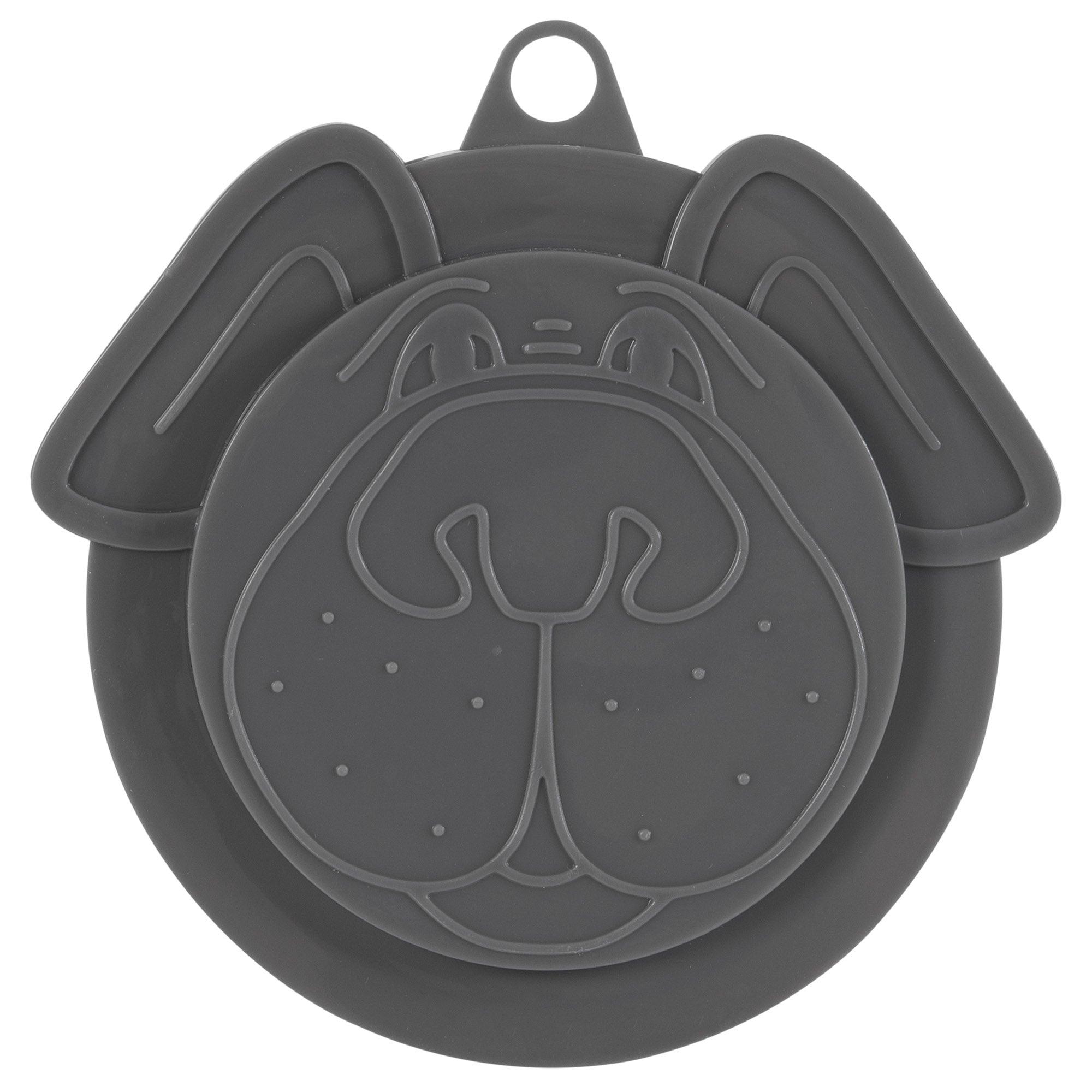 The Petmate Pup Top Food Can Topper by Petmate is a charming gray silicone lid with floppy-eared doggy details, large nose, and dotted accents. Its perfect for sealing pet food cans and includes a handy tab with a hole for easy handling or storage.