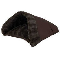 Discover the Aspen Pet Kitty Cave Cat Bed by Aspen Pet, a cozy cave-shaped bed for small pets featuring a dark brown, plush faux fur lining and high-loft recycled polyester exterior. The partially open entrance invites your pet to snuggle comfortably inside.