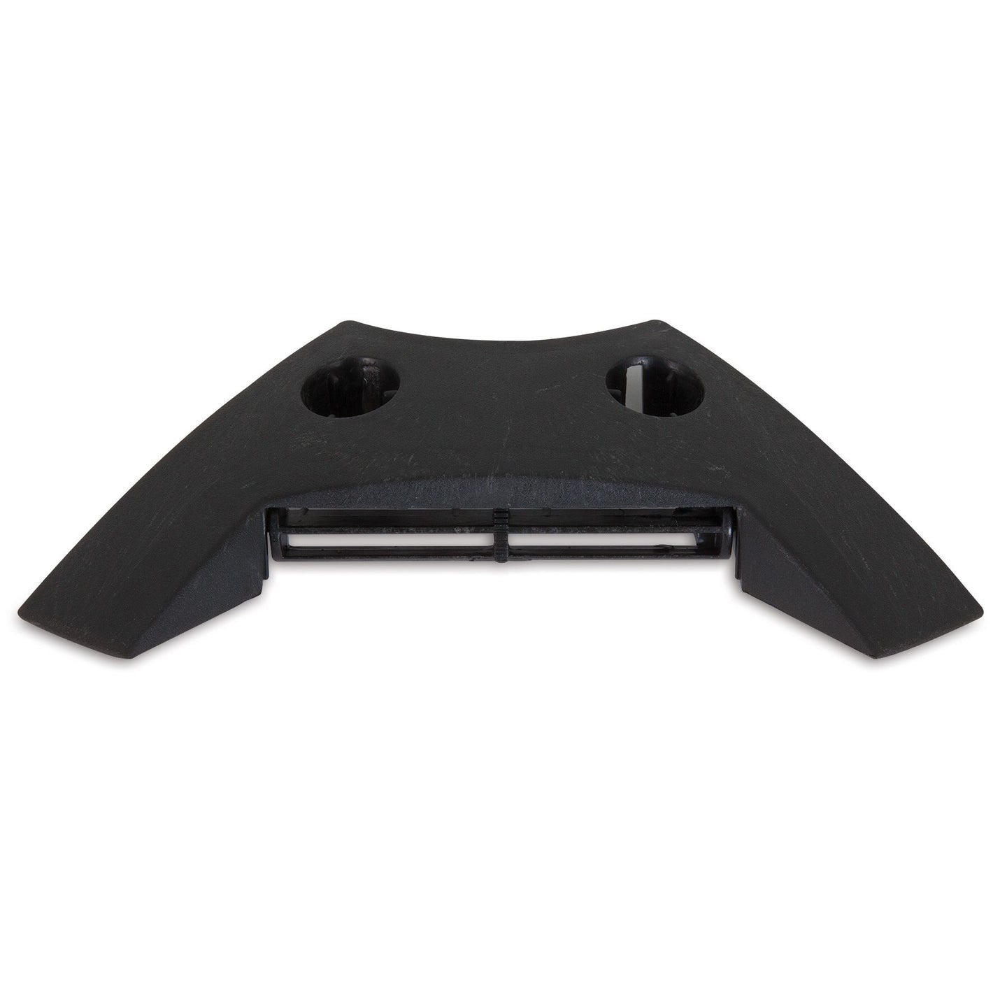 Petmates Replacement Vent for Indigo Shelter is a black plastic component with a curved design, featuring two round holes on top and a rectangular opening near the bottom. Shaped like an arch or handle with a central cutout, it fits smoothly as a replacement vent in various Indigo Dog House sizes.