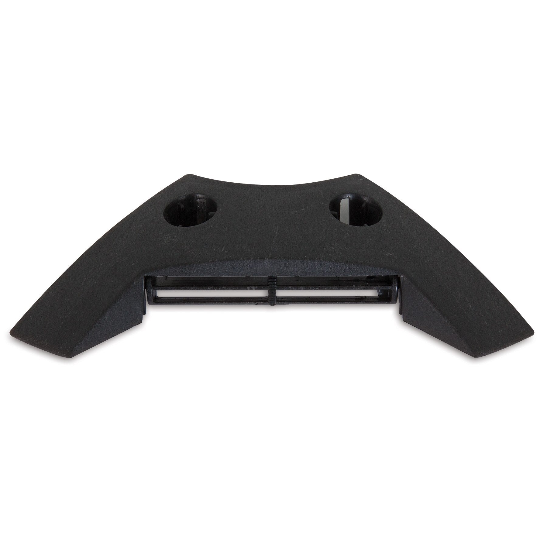 Petmates Replacement Vent for Indigo Shelter is a black plastic component with a curved design, featuring two round holes on top and a rectangular opening near the bottom. Shaped like an arch or handle with a central cutout, it fits smoothly as a replacement vent in various Indigo Dog House sizes.