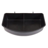 The Petmate Double Water Cup For Kennel is a black, rectangular, plastic bin with two compartments, hooks at the top for hanging or attachment, ensuring secure and spill-free travel.