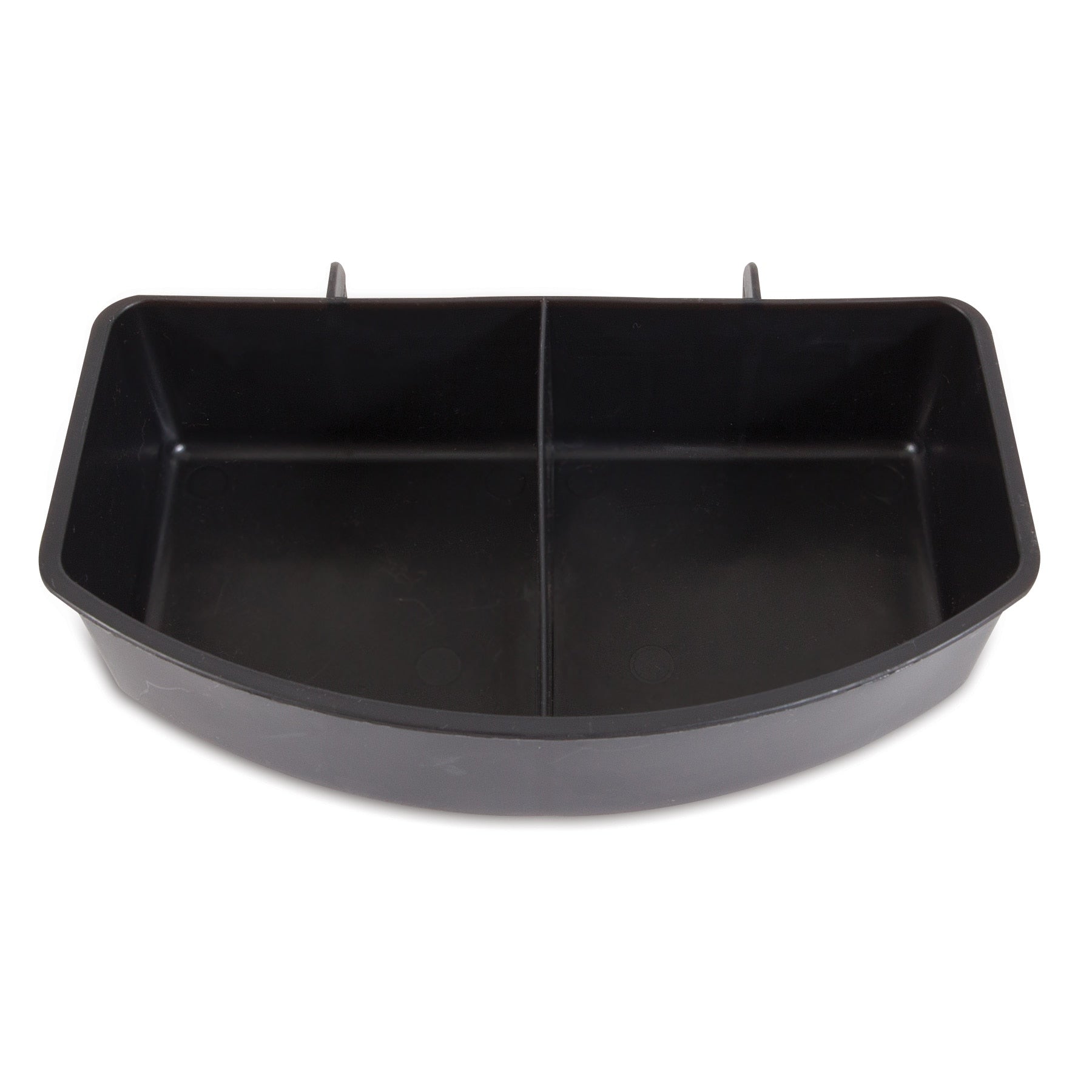 The Petmate Double Water Cup For Kennel is a black, rectangular, plastic bin with two compartments, hooks at the top for hanging or attachment, ensuring secure and spill-free travel.