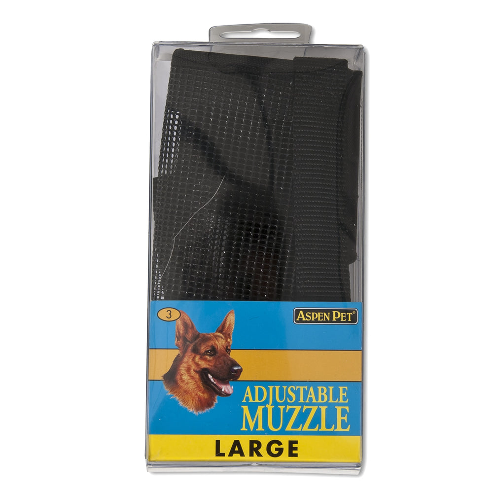 The image displays Aspen Pets Adjustable Muzzle for large dogs, featuring breathable mesh for comfort. The clear packaging reveals the black muzzle and includes a German Shepherd picture with Safe and Humane Adjustable Muzzle Large text on the label.
