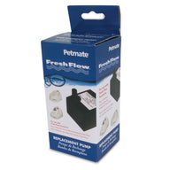 The Petmate Deluxe Fresh Flow Replacement Pump comes in a blue and white box featuring an image of the pump, instructions, compatibility details with various pet fountains, and detailed usage information.