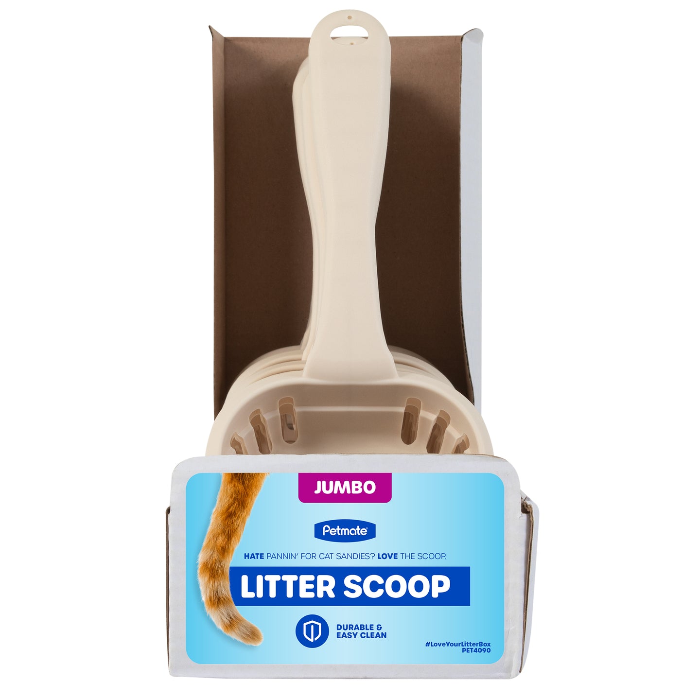 Front view of the Petmate Classic Litter Scoop in its packaging, featuring Jumbo Litter Scoop with a cats tail design. Made of durable plastic with antimicrobial protection, the handle extends above the open-top packaging.