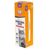 The orange box of Arm & Hammer Drawstring Pan Liners for jumbo litter pans features a gray cat and product benefits, with an E-Z Dispenser Box that cleverly incorporates baking soda for optimal odor control.
