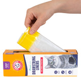 A hand pulls a yellow drawstring liner from a box labeled Arm & Hammer Drawstring Pan Liners, showcasing a grey cat and the Arm & Hammer logo, ideal for refreshing cat litter pans with baking soda power.