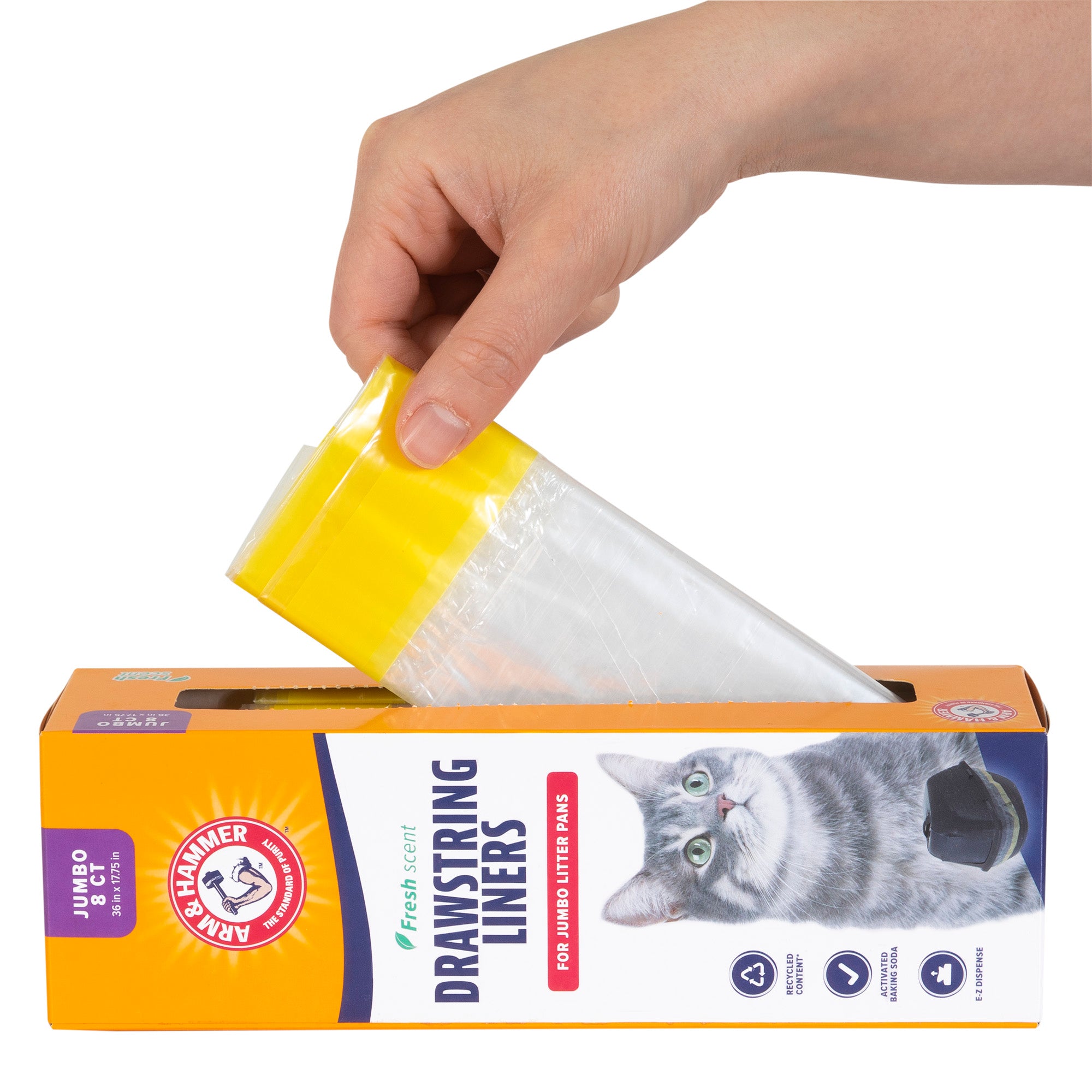 A hand pulls a yellow drawstring liner from a box labeled Arm & Hammer Drawstring Pan Liners, showcasing a grey cat and the Arm & Hammer logo, ideal for refreshing cat litter pans with baking soda power.
