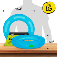 A Fatcat Crazy Circle Cat Toy, doubling as an exercise toy, is blue and circular, with a 16.3-inch diameter and 3.1-inch height. Labeled Size LG, it rests on a wooden surface with a silhouette behind it. A yellow tag reads FAT CAT.