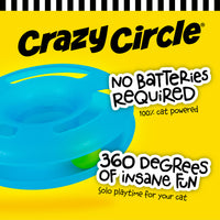 The FAT CAT Crazy Circle Cat Toy by Fatcat features a vibrant blue design on a bright yellow background, with text: Crazy Circle, No Batteries Required, 100% cat powered, and 360 Degrees of Insane Fun. Ideal for solo playtime, it includes a small catnip ball inside.