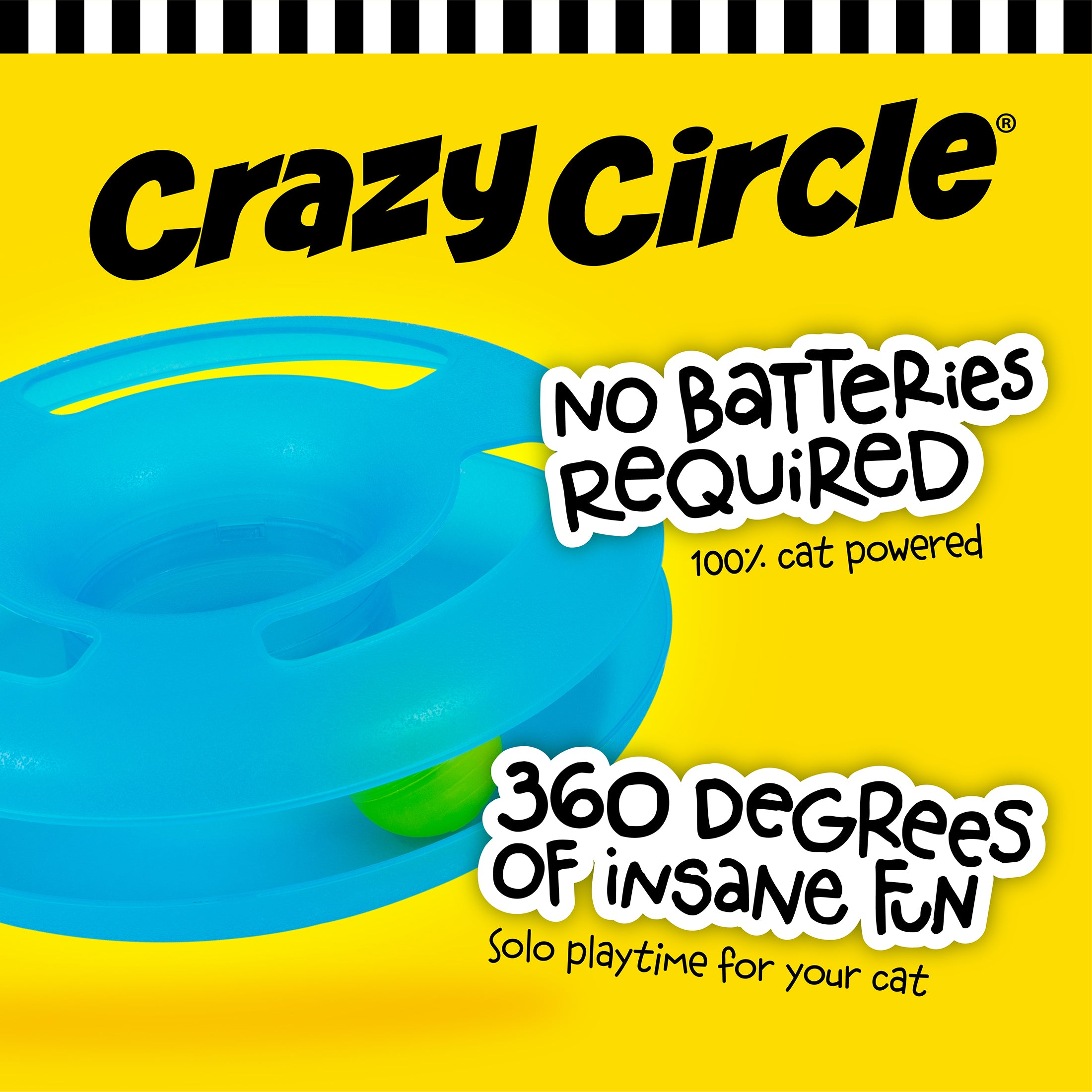 The FAT CAT Crazy Circle Cat Toy by Fatcat features a vibrant blue design on a bright yellow background, with text: Crazy Circle, No Batteries Required, 100% cat powered, and 360 Degrees of Insane Fun. Ideal for solo playtime, it includes a small catnip ball inside.
