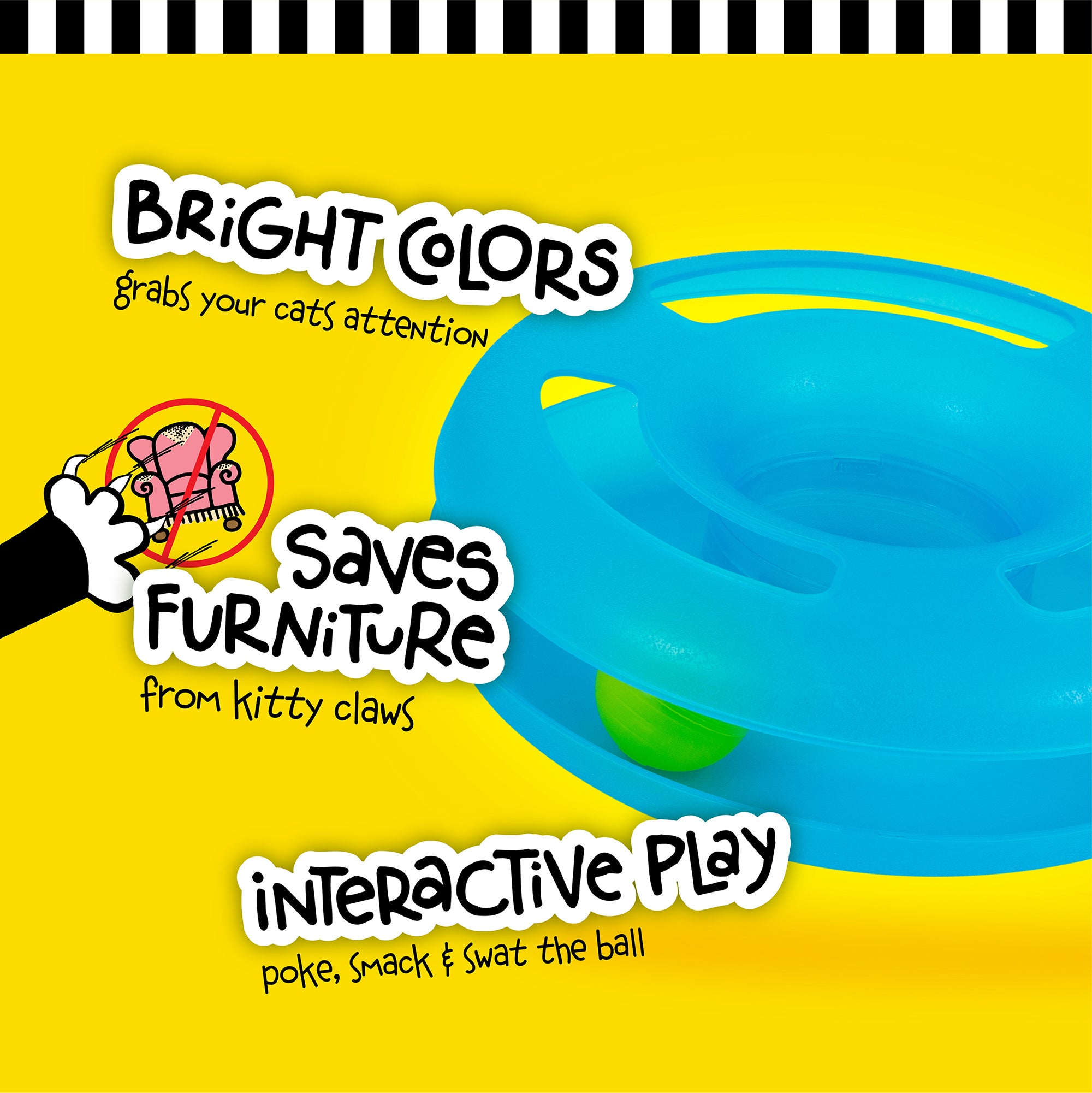 The FAT CAT Crazy Circle Cat Toy by Fatcat, featuring a blue circular design with a green ball inside, is set against a yellow background. It highlights its bright colors and promotes interactive play for cats by poking, smacking, and swatting the ball to help protect furniture from claws.