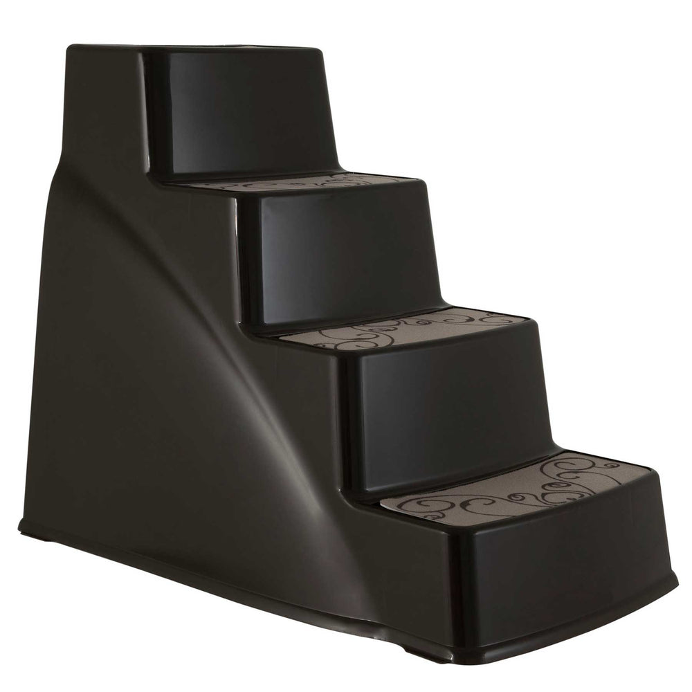 The Petmate Pet Steps by Petmate are lightweight, black plastic stairs with four non-slip steps featuring a decorative swirl pattern, perfect for helping pets safely reach high surfaces like couches or beds.