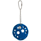 The JW Pet Hol-ee Roller Bird Toy by Jw features a blue hexagon pattern made from natural rubber, with a small silver bell inside. Hanging from a metal chain with a clasp, this interactive parrot toy engages and entertains your feathered friend for hours.