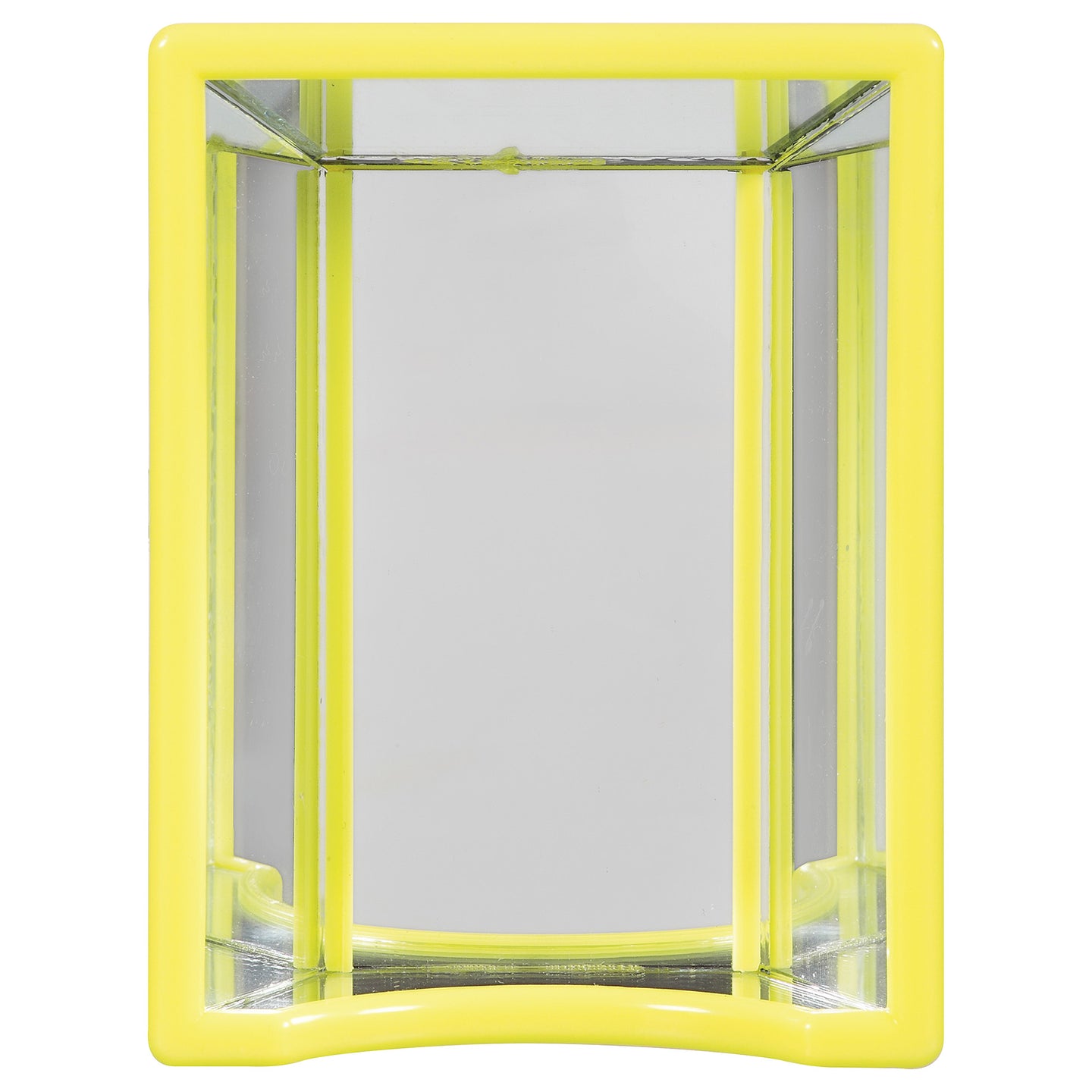 The JW Hall Of Mirrors Bird Toy by Jw features a bright yellow frame and a curved bottom edge reminiscent of a funhouse mirror. Its smooth surface reflects light, adding depth and whimsical charm to any space.
