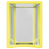 The JW Hall Of Mirrors Bird Toy by Jw features a bright yellow frame and a curved bottom edge reminiscent of a funhouse mirror. Its smooth surface reflects light, adding depth and whimsical charm to any space.