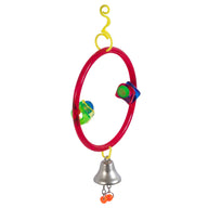 The JW Bird Perch Ring & Toy Combo by Jw is a colorful bird toy with a red plastic ring and three multi-colored beads. It comes with a yellow hook for easy hanging and includes a silver bell with two orange beads for endless entertainment for your feathered friend.