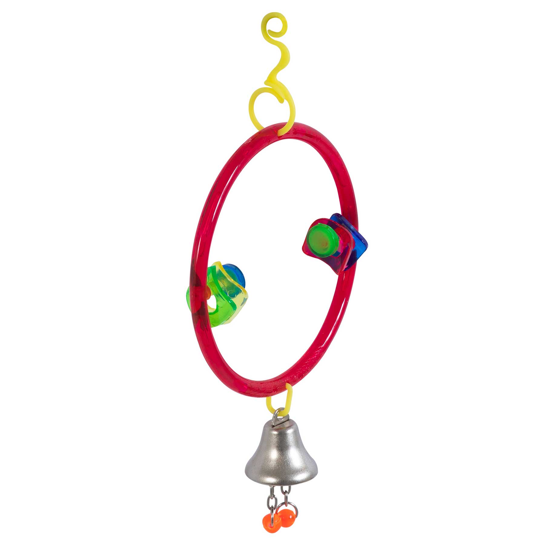 The JW Bird Perch Ring & Toy Combo by Jw is a colorful bird toy with a red plastic ring and three multi-colored beads. It comes with a yellow hook for easy hanging and includes a silver bell with two orange beads for endless entertainment for your feathered friend.
