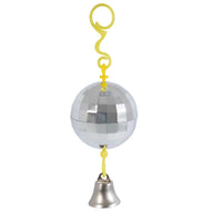 The JW Disco Ball Bird Toy by Jw features a shiny disco ball-style design with mirror surfaces and mirrored squares. It has a small metal bell at the bottom and a yellow hook and loop for easy hanging, ideal for reducing cage boredom.