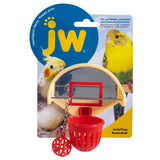 The JW Birdie Basketball Bird Toy by Jw is an interactive toy for birds like parakeets and cockatiels. It includes a hoop with a red basket and ball, set against a blue and yellow background with bird images, promoting your pets well-being through play.