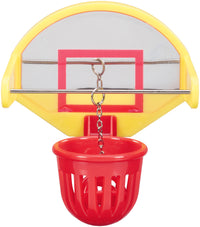 The JW Birdie Basketball Bird Toy by Jw ingeniously transforms a small plastic basketball hoop with a red rim and net into an interactive accessory. A yellow and clear backboard supports the red net, hanging securely from a metal chain, promoting your pet birds well-being.