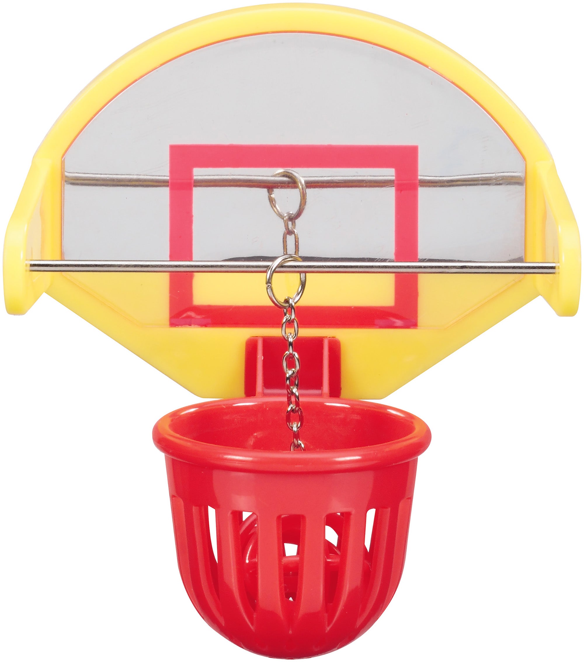 The JW Birdie Basketball Bird Toy by Jw ingeniously transforms a small plastic basketball hoop with a red rim and net into an interactive accessory. A yellow and clear backboard supports the red net, hanging securely from a metal chain, promoting your pet birds well-being.