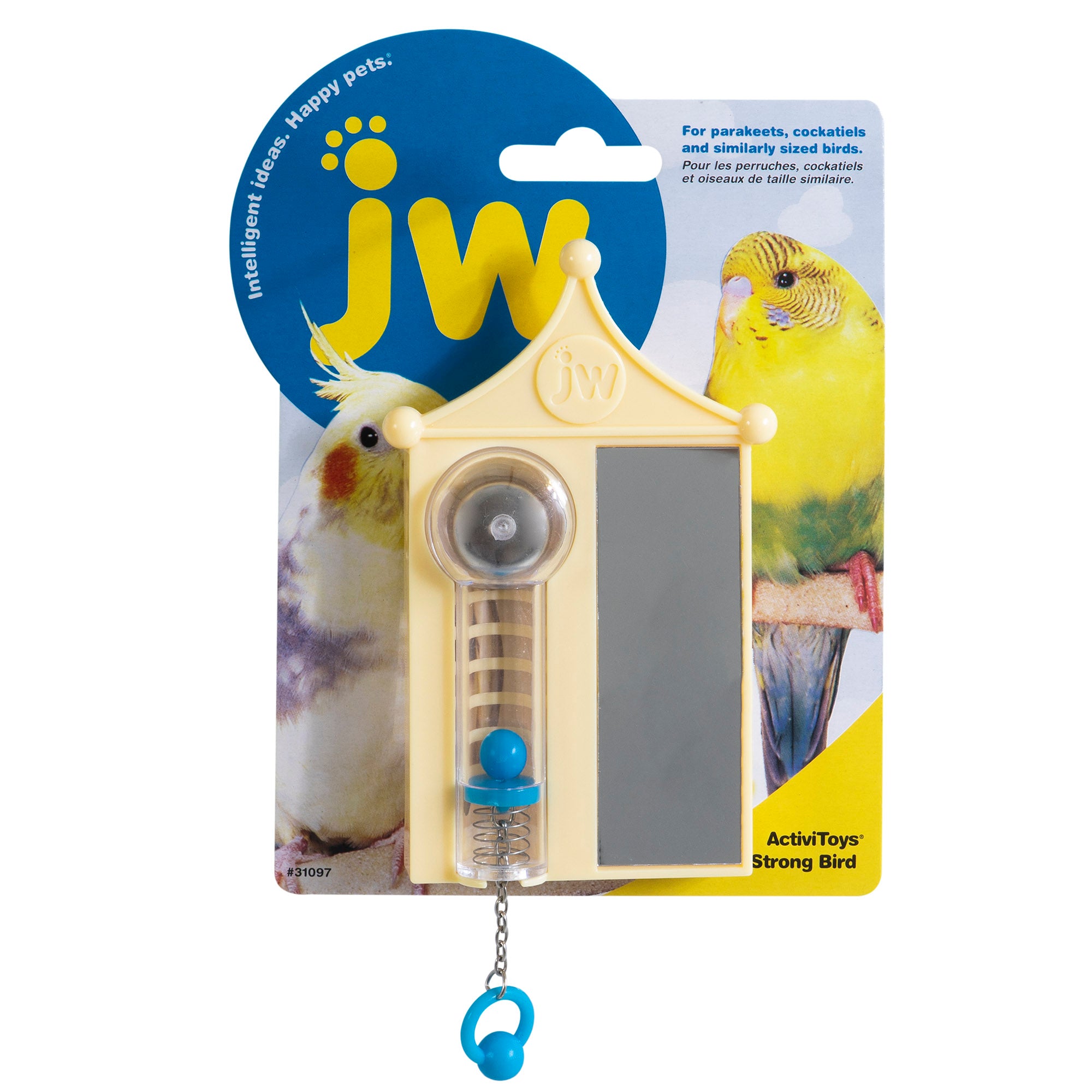 The JW Strong Bird Toy, by Jw, is packaged with pictures of yellow and green parakeets. It features a yellow and gray house-shaped design with a mirror, spiral, and bell for pet bird exercise. The packaging prominently displays the name ActivToys Strong Bird.