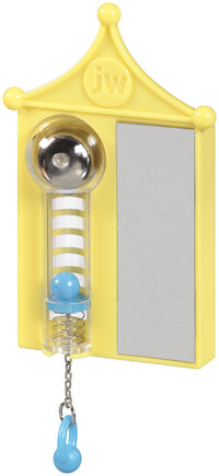The JW Strong Bird Toy by Jw offers ideal exercise for pet birds. It features a circular metal bell on top, a clear tube with a blue ball and spring inside, a small mirror on the right, and a chain with a blue hook hanging from the bottom to keep your bird engaged and entertained.