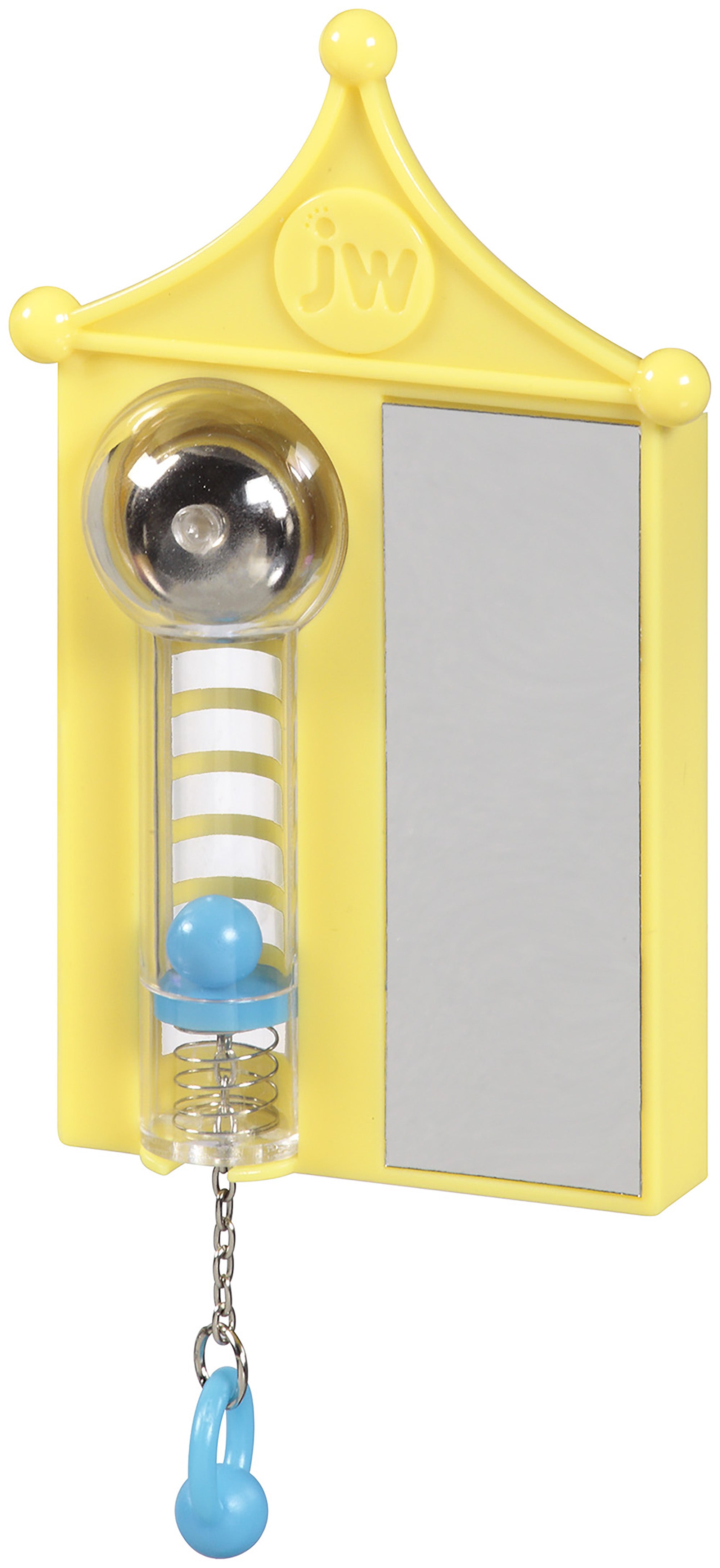 The JW Strong Bird Toy by Jw offers ideal exercise for pet birds. It features a circular metal bell on top, a clear tube with a blue ball and spring inside, a small mirror on the right, and a chain with a blue hook hanging from the bottom to keep your bird engaged and entertained.