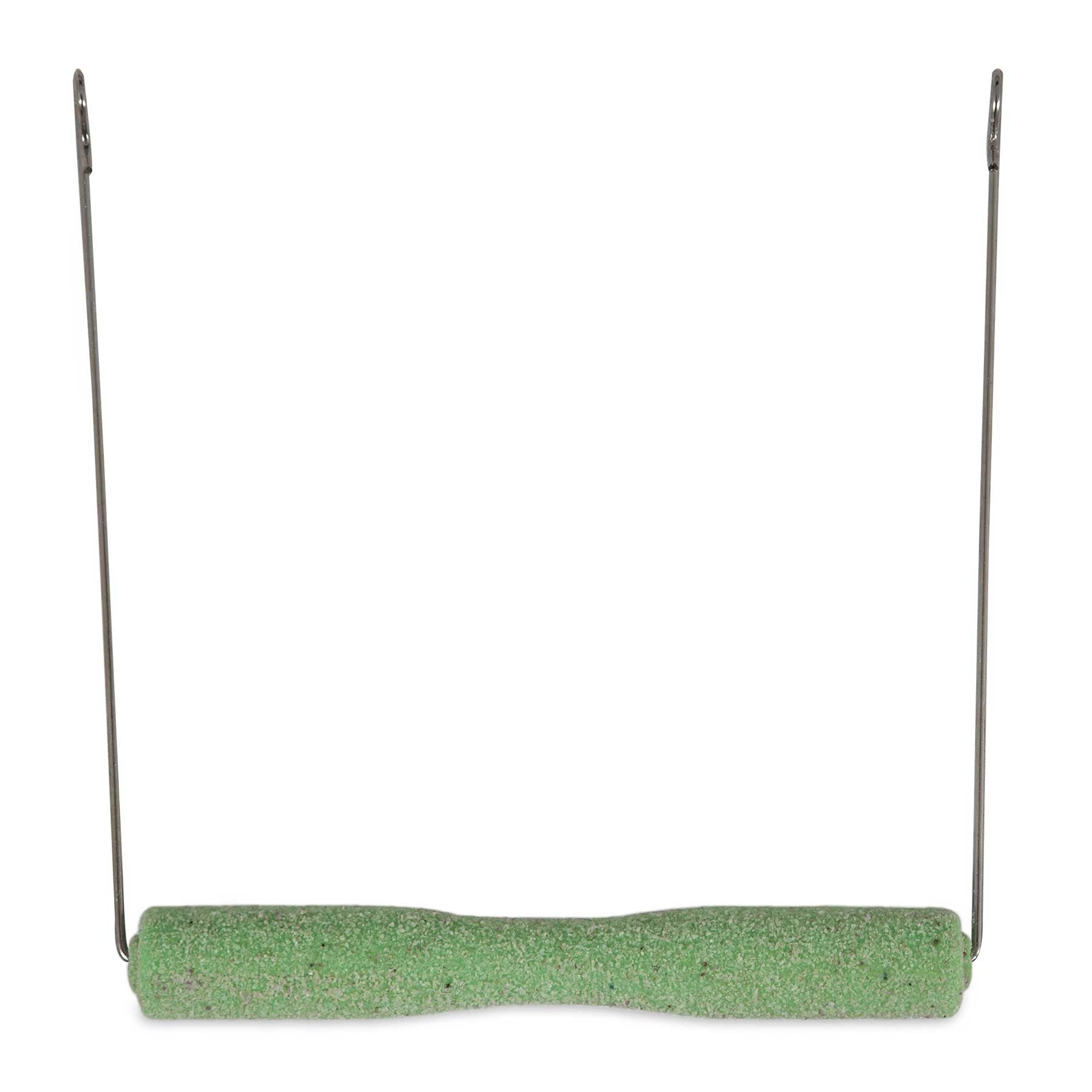 A green foam exercise barbell with textured grip, featuring black metal rods for resistance training, imitates the motion of a JW Sand Bird Perch Swing by Jw for versatile workouts.