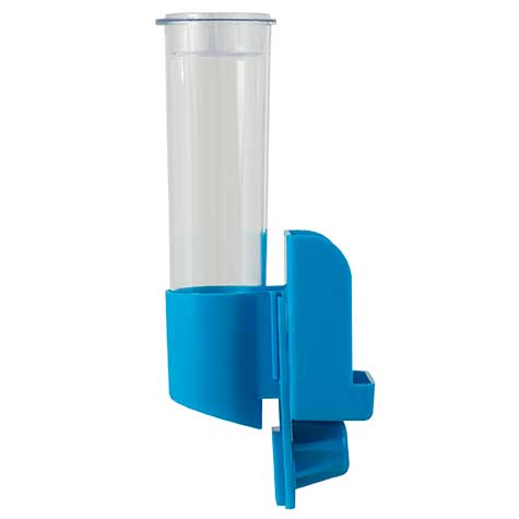 The JW Clean Seed Silo Bird Feeder by JW is a transparent, cylindrical gravity feeder with a blue plastic base and cover, designed for easy attachment to a bird cage or surface.