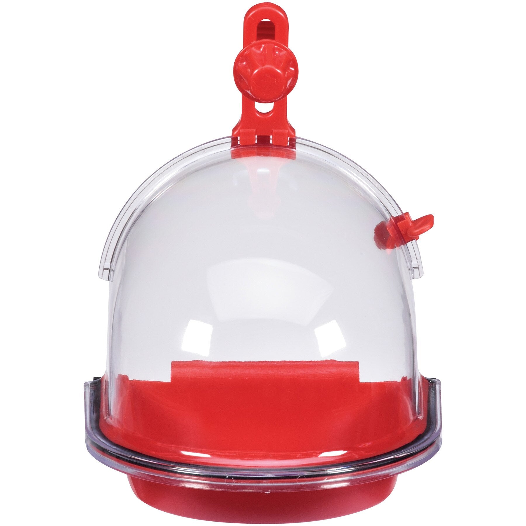 The JW Insight Bird Bath by Jw is made of non-toxic clear plastic with a red base and dome cover, featuring a red perch, two hooks, and an adjustable hanging knob to keep bird feed protected.