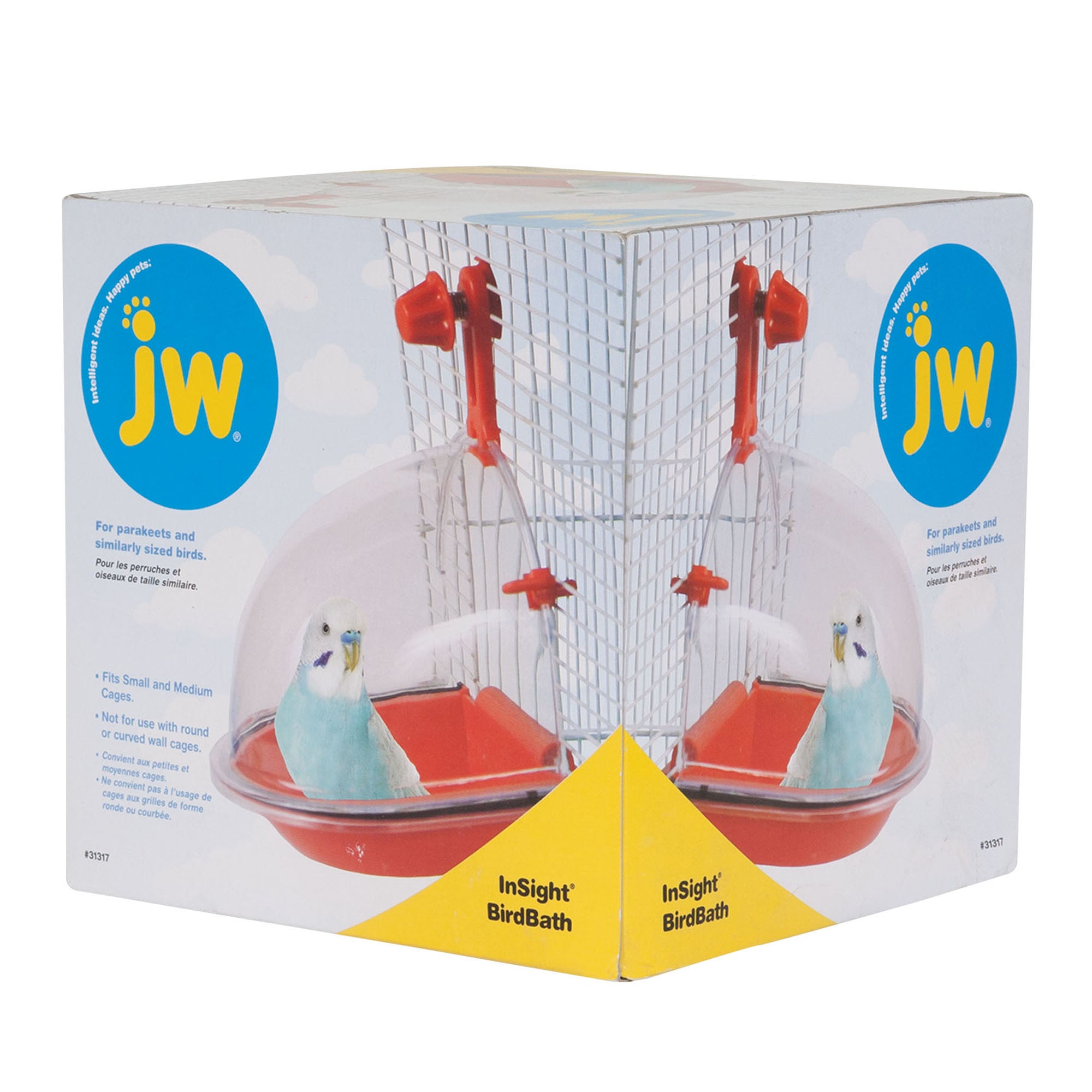The JW Insight Bird Bath packaging highlights a parakeet in its cage. Made from non-toxic plastic, this red bath includes a clear dome cover for small to medium birds. The box features Jw branding in blue and yellow, along with key product details.