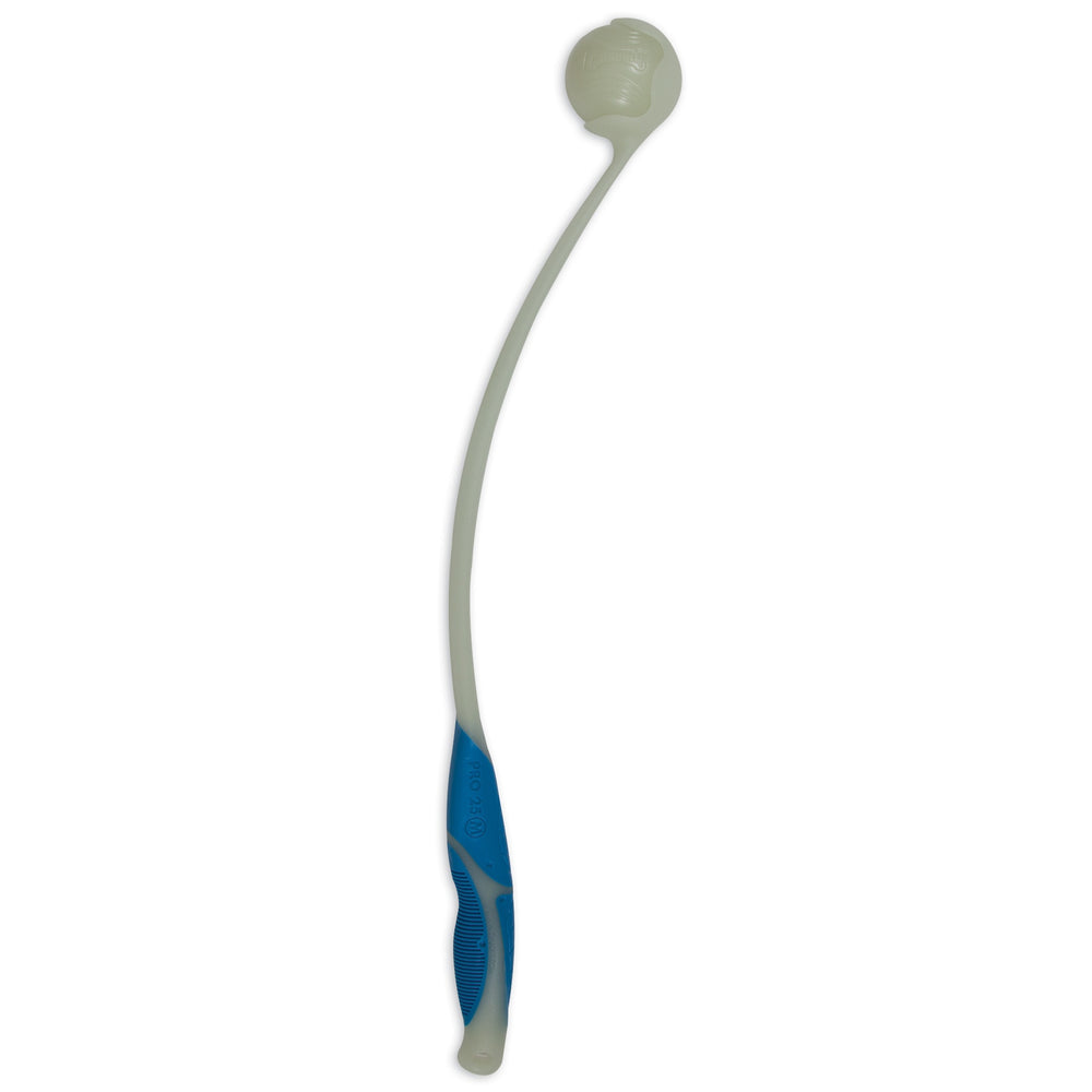 The Chuckit! Pro Max Glow Launcher by Chuckit features an ergonomic blue handle for control, a light green body that holds the ball for easy long throws, and glow-in-the-dark technology for added fun during nighttime play.