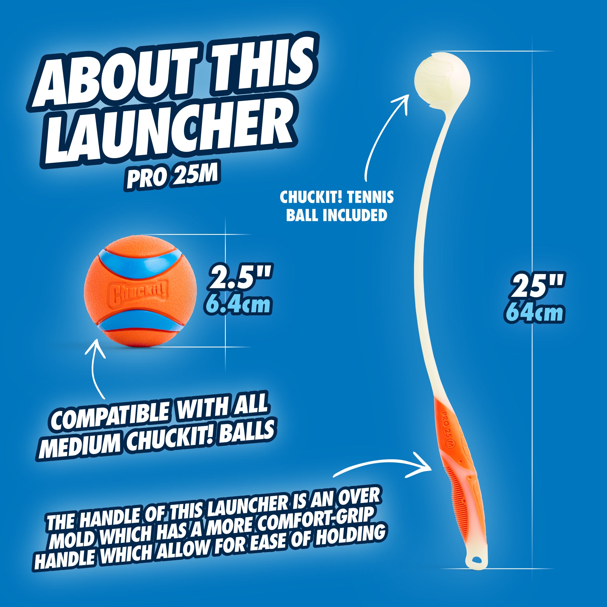 The Chuckit! Pro Max Glow Launcher by Chuckit features an ergonomic grip and includes a 2.5 orange and blue Max Glow ball for glow-in-the-dark fun. It is compatible with all medium-sized Chuckit balls.