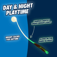 The image features the Chuckit! Pro Max Glow Launcher with Max Glow Ball, highlighting its ergonomic handle. One side is brightly colored for day use, and the other glows in the dark for nighttime fun. It charges quickly under bright lights, making it ideal for all-day play.