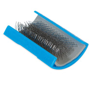 The JW Bird Perch Cleaner, a blue grooming tool with a curved pad and metal bristles, is perfect for cleaning perches in your birds environment. Designed for pet care, its made in China and features Teterboro, NJ printed on the side.