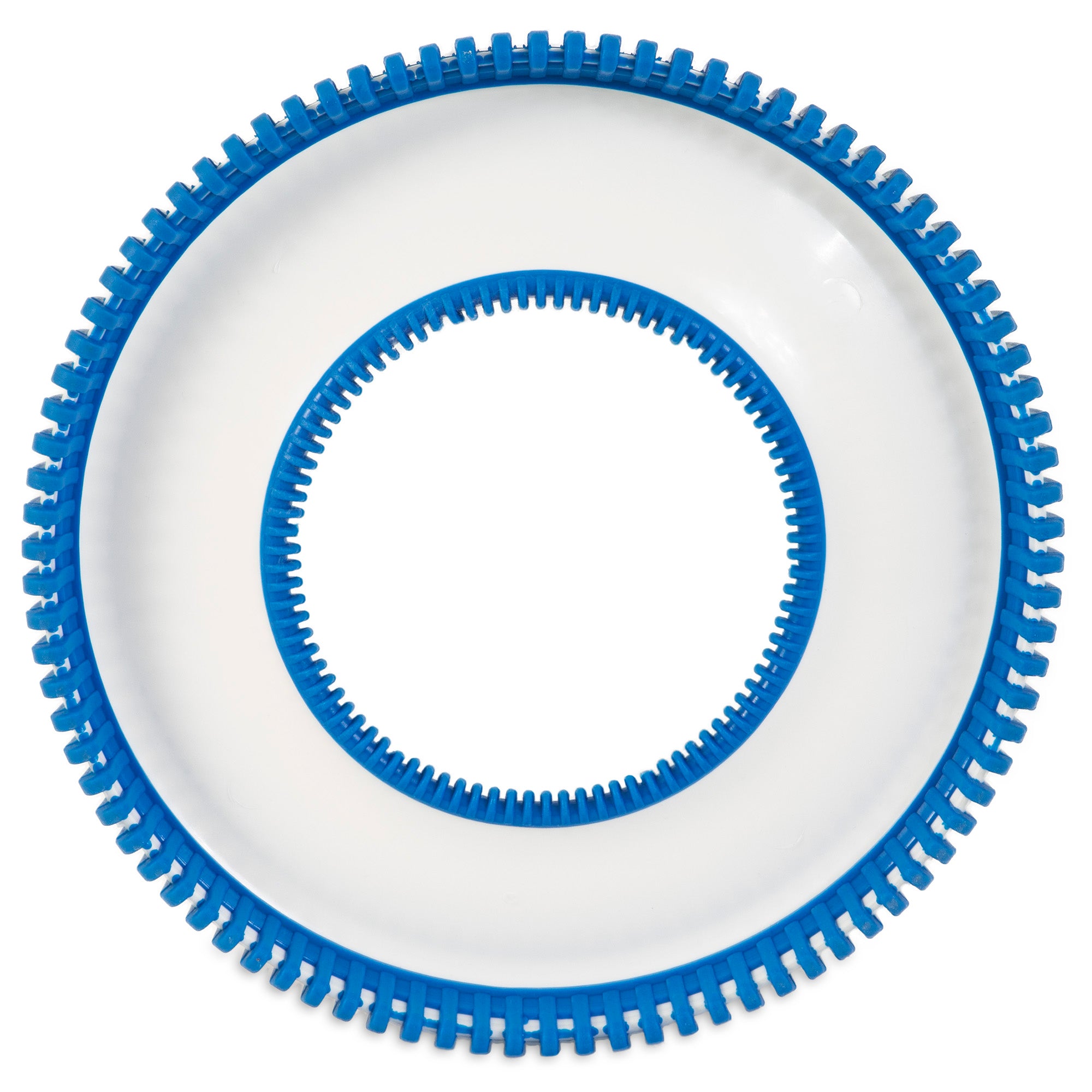 A round plate featuring a white center with a blue gear-like rim on both the outer and inner edges is reminiscent of the Chuckit Rugged Flyer by Chuckit, known for its durability.