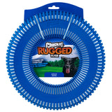 The Chuckit! Rugged Flyer is a blue ergonomic and durable dog toy with a jagged exterior for tough play. Its packaging shows a black dog in a green field, with an attached display handle at the top.