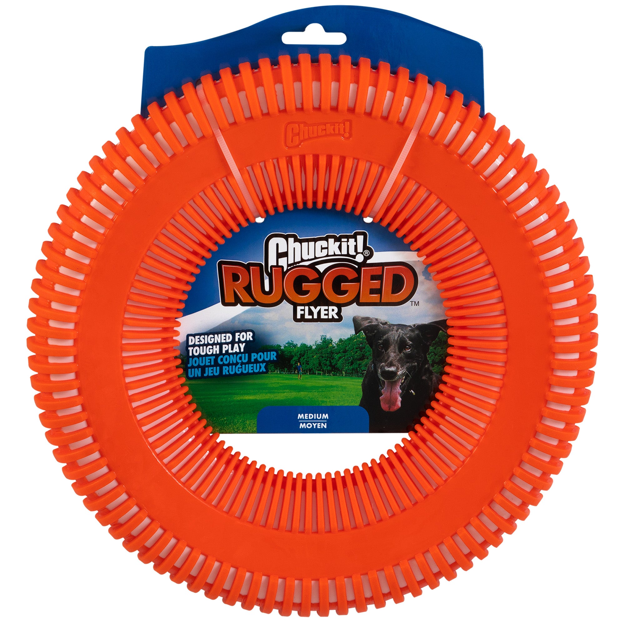 An image displays the Chuckit! Rugged Flyer, an orange durable dog toy by Chuckit. With a ridged design for tough play, its ideal for medium-sized dogs. The packaging includes a dog photo and bilingual text on its purpose.