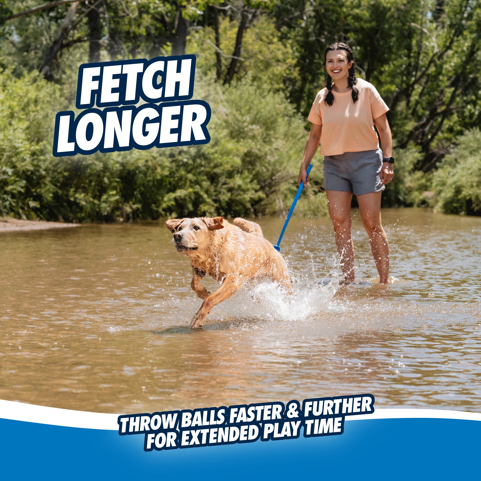 A person walks a dog on a leash through a shallow stream as the excited dog splashes water. Trees and greenery surround them. Text reads Fetch Longer and Throw balls faster & further with the Chuckit Pro Max Glow Launcher featuring an ergonomic grip handle for extended playtime.