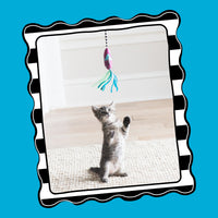 A playful kitten reaches for the FAT CAT Catfisher Teasers - Worm Cat Wand by Fatcat, set against a light wall and woven rug. The scene is framed by a wavy black and white border on bright blue, creating an ideal setting for interactive play.