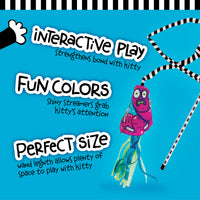 The FAT CAT Catfisher Teasers - Worm Cat Wand by Fatcat features a blue background and is designed for interactive play to strengthen bonds. It captivates with fun colors, shiny streamers, stripes, a cartoon fish, and includes organic catnip for added allure.